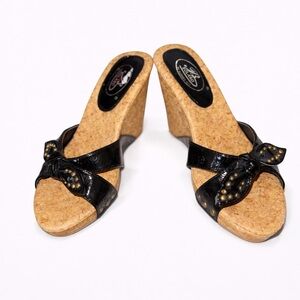 Summer Rio Bolaro Black Patent Leather Bow Cork Wedges | 7